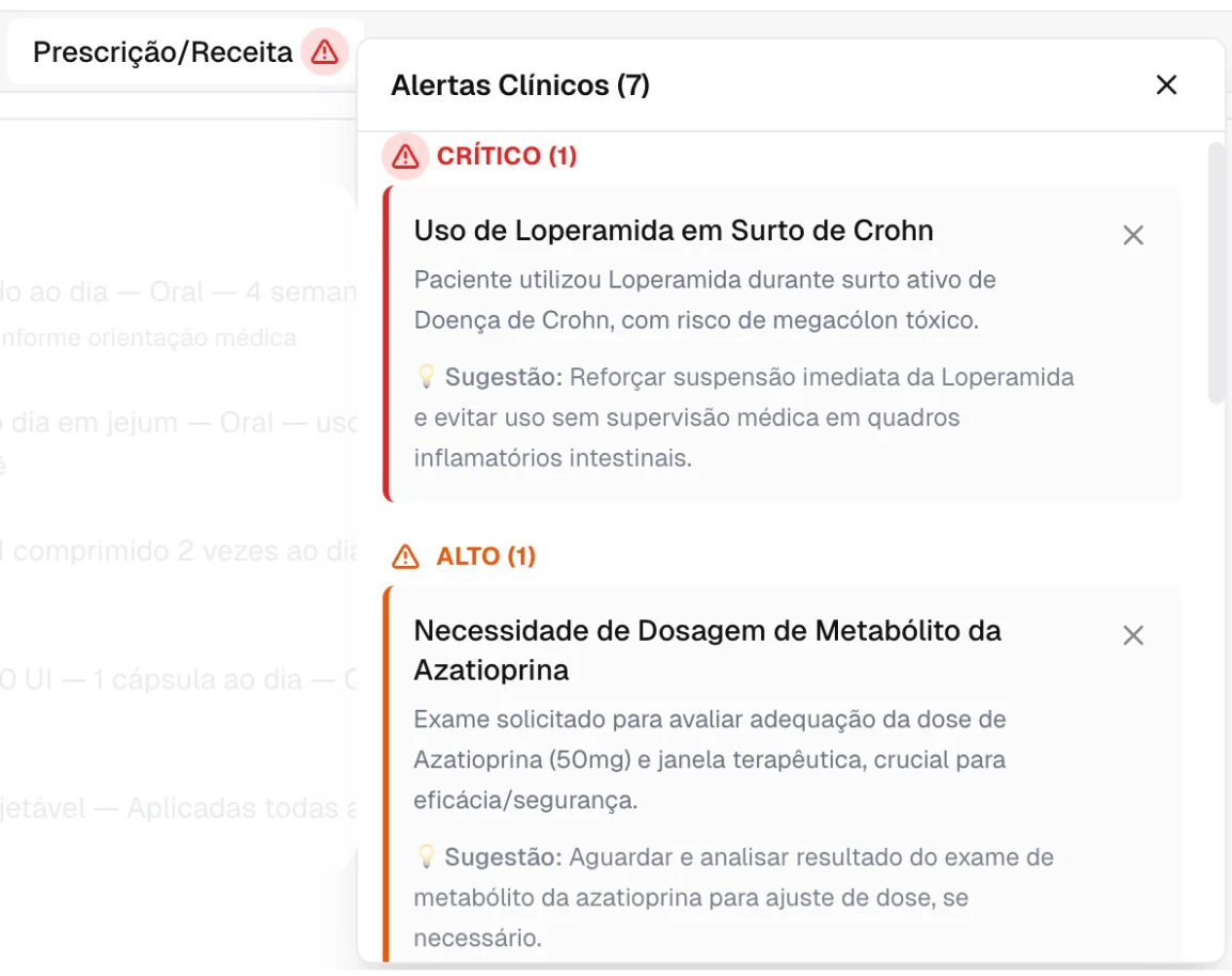 Painel de alertas clínicos da IA sinalizando achados críticos, interações e dosagens perigosas
