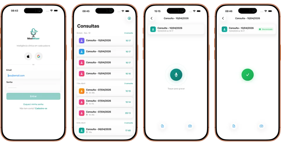 Aplicativo MedWiser no celular — telas de login, lista de consultas, gravação e sincronização