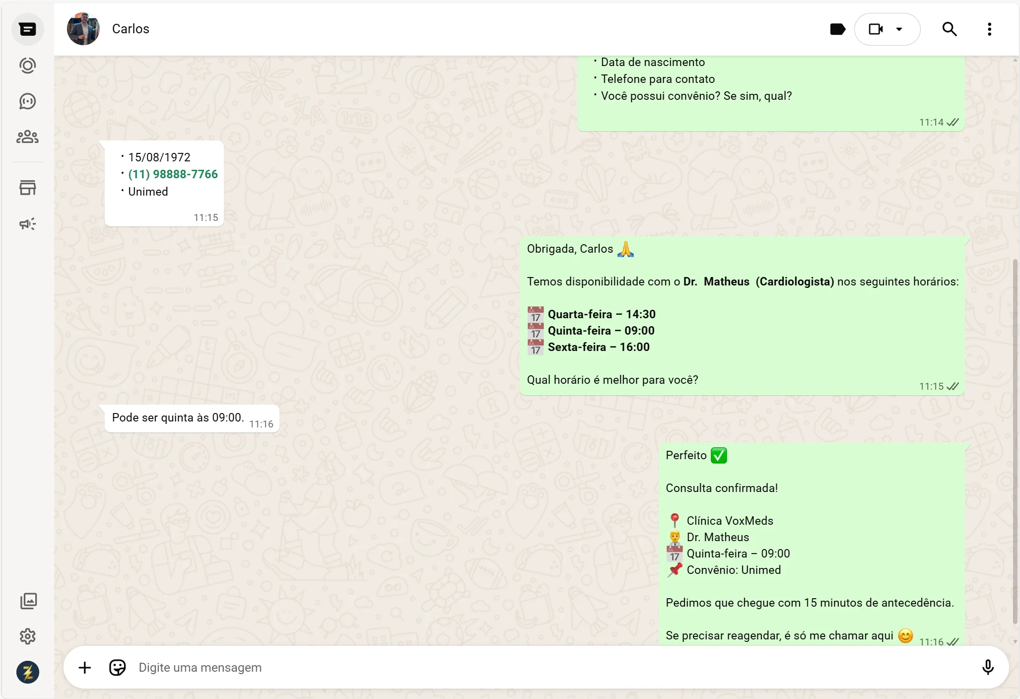 Conversa no WhatsApp com agente IA da MedWiser